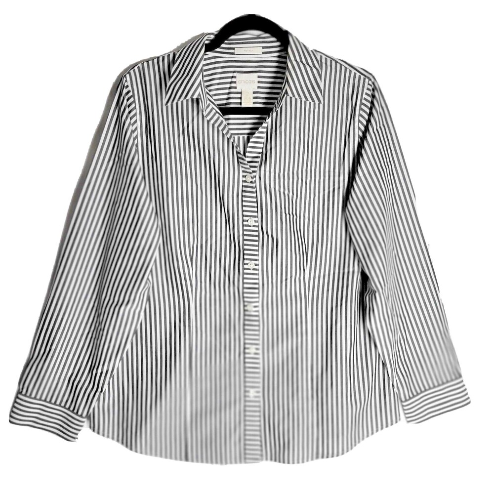 Chicos Women's No-Iron Blouse Large Gray White Stripe Button Cotton Long Sleeve